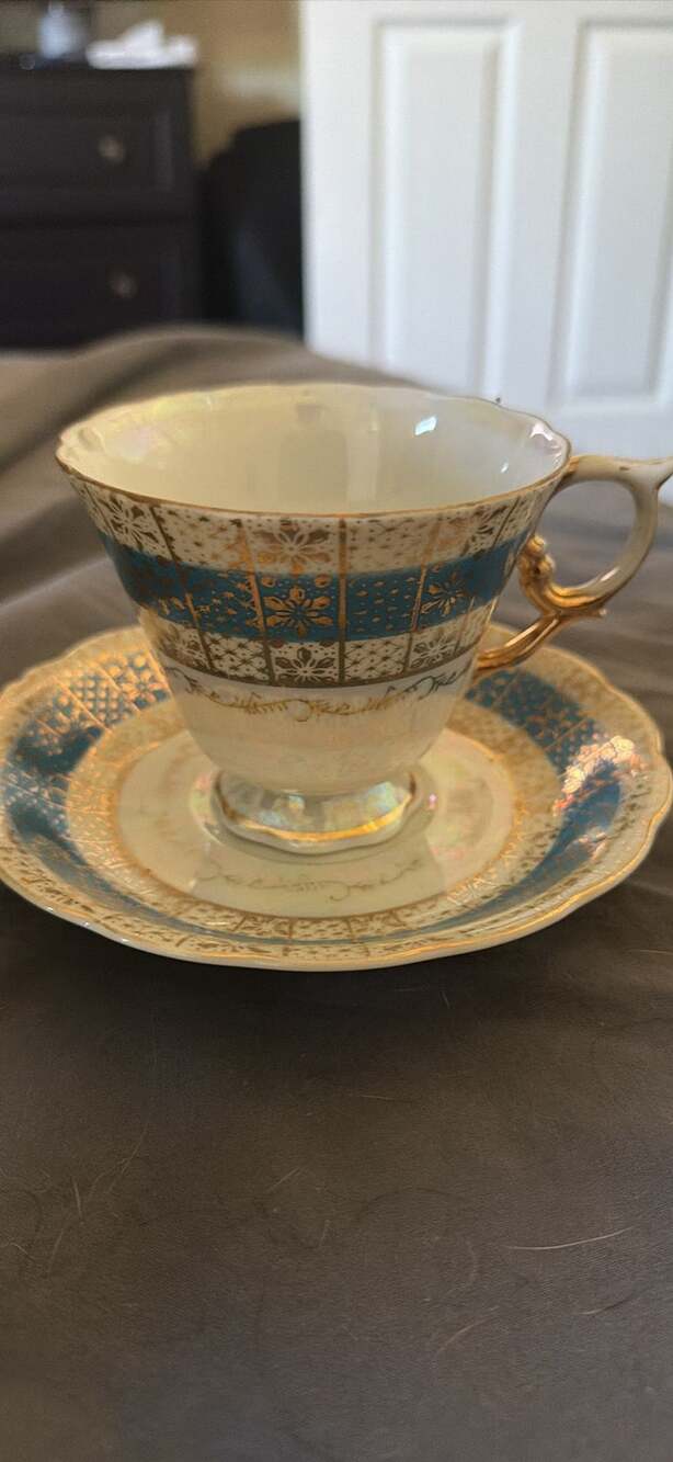 Royal Sealy China Japan Teacup and Saucer Gold Handle Iridescent Lusterware Blue